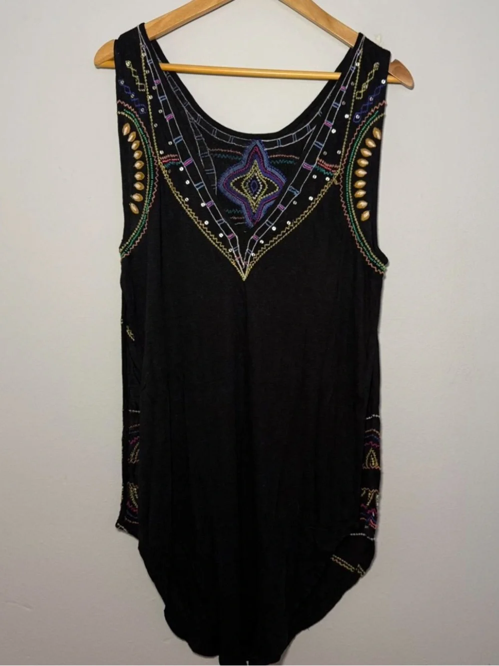 FREE PEOPLE Boho Embroidered Black Sleeveless Tunic Dress